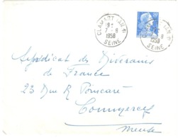 CLAMART ( AN.1 )  Seine Lettre 20 F Muller Yv 1011B Ob 7 8 1958 Type A9 Dest Commercy Meuse - Lettres & Documents