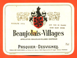 étiquette Vin De Beaujolais Villages Recolte 1976 Pasquier Desvignes à Saint Lager - 75 Cl - Beaujolais