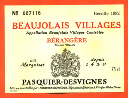étiquette Vin De Beaujolais Villages Bérangère Récolte 1982 Pasquier Desvignes à Saint Lager - 75 Cl - Beaujolais