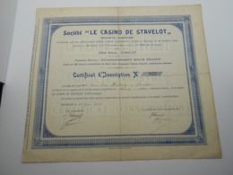 Certificat D'inscription " Casino De Stavelot " N° 105   Année 1934 - Casino