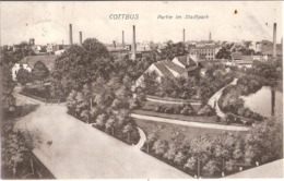 COTTBUS Partie Im Stadtpark Mit Blick Auf Fabrik Schornsteine 9.5.1914 Gelaufen - Cottbus