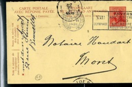 Entier De Belgique: Carte Obl. N° 63  Obl. : Flamme 12° Olympiade  Anvers 1920 - Sommer 1920: Antwerpen