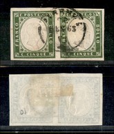 Antichi Stati Italiani - Sardegna - 1862 - 5 Cent (13Dc - Verde Oliva) - Coppia Orizzontale Usata - Autres & Non Classés