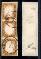 Antichi Stati Italiani - Sardegna - 1862 - 10 Cent (14Dg) - Striscia Verticale Di Tre Usata - Sorani (400) - Otros & Sin Clasificación