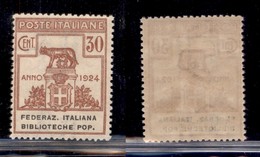 Regno - Enti Parastatali - 1924 - 30 Cent Biblioteche Pop. (35) - Gomma Integra (325) - Andere & Zonder Classificatie