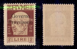 Occupazioni I Guerra Mondiale - Fiume - 1921 - 2 Lire Governo Provvisorio (160a - Rosso Solferino) - Gomma Integra - Non - Sonstige & Ohne Zuordnung