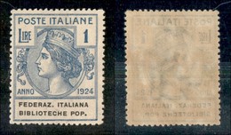 Regno - Enti Parastatali - 1924 - 1 Lira Federaz. Italiana Biblioteche Pop. (37) - Gomma Integra (62) - Altri & Non Classificati