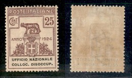 Regno - Enti Parastatali - 1924 - 25 Cent Colloc. Disoccup. (64) - Gomma Originale - Ottimamente Centrato (40) - Otros & Sin Clasificación