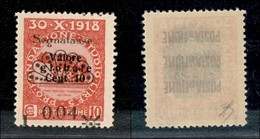 Occupazioni I Guerra Mondiale - Fiume - Segnatasse - 1921 - 0.04 Lire Su 10 Cent (26 Pb) - Soprastampa In Basso - Gomma  - Other & Unclassified