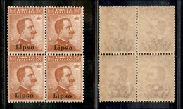 Colonie - Egeo - Lipso - Posta Ordinaria - 1921 - 20 Cent (11) - Quartina - Gomma Integra (60+) - Sonstige & Ohne Zuordnung