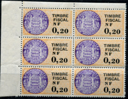 MONACO TIMBRE FISCAL TYPE "ARMOIRIES DE DAUSSY" NF 0,20 EN BLOC DE 6 AVEC DATE (24.11.59) ET NUMERO DE FEUILLE AU VERSO - Steuermarken