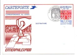 ENTIER CARTE PASTEUR OBLITERATION REPIQUE ENTIERPHILEX 1988 - Overprinter Postcards (before 1995)