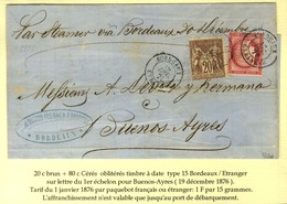 Càd BORDEAUX / ETRANGER / N° 57 + 67 (infime Pli) Sur Lettre Pour Buenos Aires. 1876. L'affranchissement N'est Valable Q - 1871-1875 Ceres