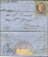 Càd Rouge PARIS (SC) 26 DEC. 70 / N° 37 Sur Lettre PAR BALLON MONTÉ Pour Mirande (Gers), Au Verso Grand Cachet Rouge RÉP - Guerra Del 1870