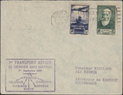 Cachet 1er Transport Aérien Courrier Sans Surtaxe 1 Septembre 1937 France Vers Belgique Pays-Bas Suède Norvège Danemark - 1960-.... Brieven & Documenten