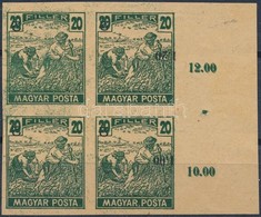 (*) 1919 Magyar Posta Arató 20f Sötétzöld Vágott Próbanyomat Elcsúszott értékszámmal Négyestömbben Jobb ívszéllel, Vasta - Otros & Sin Clasificación