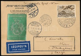 1937 Légi Levelezőlap Szolnoki Bélyegkiállítás Levélzáróval / Airmail Postcard With Label - Other & Unclassified