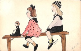 Carte Illustrée 2 Jeunes Filles Et Une Poupée (colorisée, M. Jacquot 1911) - Gruppi Di Bambini & Famiglie