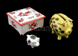 Drasche Porcelán ékszertartó Dobozka. Matricás, Jelzett, Kopott. 10x10 Cm + Korondi Festett Malacperselyecske 6 Cm + Min - Otros & Sin Clasificación