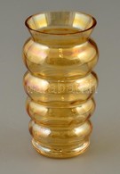 Enyhén Irizáló, Bordázott Sárga üvegvázácska, Nagyon Apró Csorbákkal, M: 11 Cm - Glass & Crystal