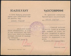 1945 Vörös Hadsereg Kétnyelvű Igazolása, Hogy A Személy A Munkahelyén Nélkülözhetetlen, Az Utcán Fel Nem Tartóztatható,  - Sin Clasificación