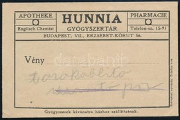 1930 Bp. VII. Erzsébet Körút, Hunnia Gyógyszertár Receptborítékja, Szép állapotban - Advertising