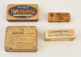 Cca 1930 4 Db Gyógyszeres Doboz: Kalmopyrin, Karil, Menthoval, Alucol. Fém és Papír. - Publicidad