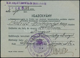 1941 Az Erdélyi Emlékérem Viselésére Jogosító Igazolvány, Tartalékos Hadnagy Részére, A M. Kir. Szegedi V. Honvéd Hadtes - Other & Unclassified