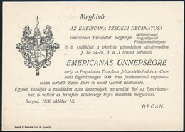 1930 Szeged, Meghívó Emericanás ünnepségre - Sin Clasificación