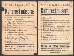 1931-1932 Budafok, Árpád Mozgó, 2 Db Műsoros Szórólap, Sérült - Sin Clasificación