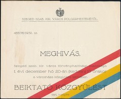 1932 Szeged, Polgármesteri Meghívó Főispáni Beiktató Közgyűlésre - Unclassified