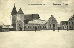 T2/T3 1911 Baráthely, Pretai, Brateiu; Ev. Kirche Und Schule A. B. / Evangélikus Templom és Iskola Télen. Josef Briegel  - Ohne Zuordnung