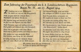T2/T3 Zum Jahrestag Der Feuertufe Des K. K. Landesschützen-Regiments Bozen Nr. II. Am 27. August 1914. Carl F. Thaler /  - Sin Clasificación