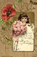 T2/T3 1900 Art Nouveau, Floral Greeting Card With Roses And Girl. Emb. Litho - Unclassified