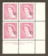 Canada O35 Overprint MNH VF LR Plate Block # 3 Flying G On UR Stamp Unlisted - Sobrecargados