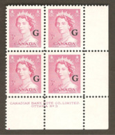 Canada O35 Overprint MNH VF LR Plate Block # 3 Flying G On UR Stamp Unlisted - Overprinted