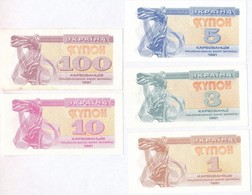 Ukrajna 1991. 1K + 3K + 5K + 10K + 100K T:I-III
Ukraine 1991. 1 Karbovanets  + 3 Karbovanets + 5 Karbovanets + 10 Karbov - Unclassified