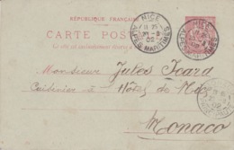 Enveloppe Mouchon 10 C Rouge Oblitérée à Destination De Monaco  Repiquage Hôtel De France - Overprinter Postcards (before 1995)