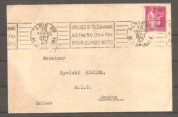 Envel  1,75 F  Type Paix   Oblit  "utilisez Le Telegramme"  PARIS  1937 Pour La Suisse - 1932-39 Paz