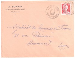 AZAY Sur INDRE Indre Et Loire Lettre 25 F Muller Yv 1011C Ob 1959 Ob Cercle Pointillé Lautier B7 Recette Distribution - Lettres & Documents