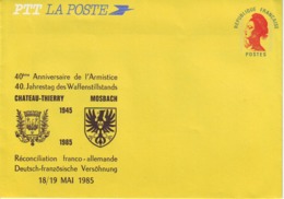 E37. LETTRE REPIQUÉE LIBERTÉ GANDON - 40 ANNIVERSAIRE ARMISTICE - CHÂTEAU THIERRY / MOSBACH ALLEMAGNE 1985 - Bigewerkte Envelop  (voor 1995)