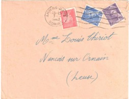 AMIENS-GARE Somme Lettre 1F Pétain 10c Bleu 40c Mercure Violet Yv 407 413 514 Ob 1942 - Covers & Documents