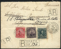 BRAZIL: Registered Cover With AR Sent From NOVA-VENEZA To France On 16/JUN/1910, Franked With 650Rs., VF! - Prefilatelia