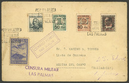 SPAIN: 2/JA/1937 Las Palmas - Medina Del Campo (Valladolid), Airmail Cover With Interesting Postage And Censor Mark, On  - ...-1850 Voorfilatelie