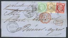 FRANCE: 7/SEP/1874 PARIS - ARGENTINA: Complete Folded Letter Franked By Yv.53 + 57 + 59, Sent To Buenos Aires Via Englan - Briefe U. Dokumente
