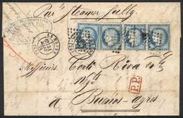 FRANCE: 31/MAR/1875 LE HAVRE - ARGENTINA: Complete Folded Letter Franked By Yv.60C X4 (strip Of 3 + Single), Numeral "17 - Briefe U. Dokumente