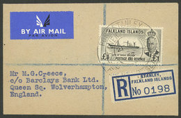 FALKLAND ISLANDS (MALVINAS): 21/MAY/1952 Stanley - England, Registered Airmail Cover Franked With 1£, Flown On The First - Falkland Islands