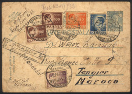 ROMANIA: Postal Card + Nice Additional Franking Sent By Registered Mail From Brasov To Tangier On 2/FE/1946, Defects, Ra - Lettres & Documents