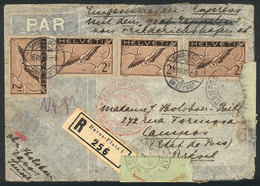 SWITZERLAND: Express Registered Cover Sent From Davos To Campos (Brazil) On 26/AU/1935 Franked With 8Fr., Via Germany DL - Storia Postale