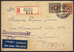 SWITZERLAND: Registered Airmail Cover Sent From Zürich To Rio De Janeiro On 9/SE/1939 Franked With 2.60Fr., Interesting! - Covers & Documents